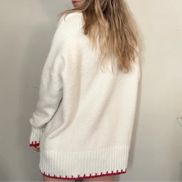 Pink Rose White Sweater with Red Bow Design - Picture 3 of 4